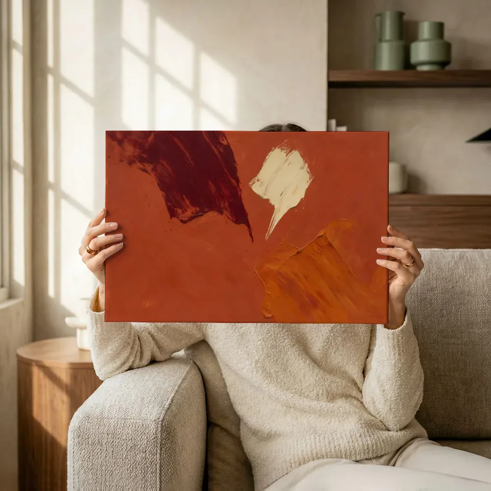 Sfeerimpressie: Brede halen buiten beeld in vol terracotta terwijl het omhoog wordt gehouden