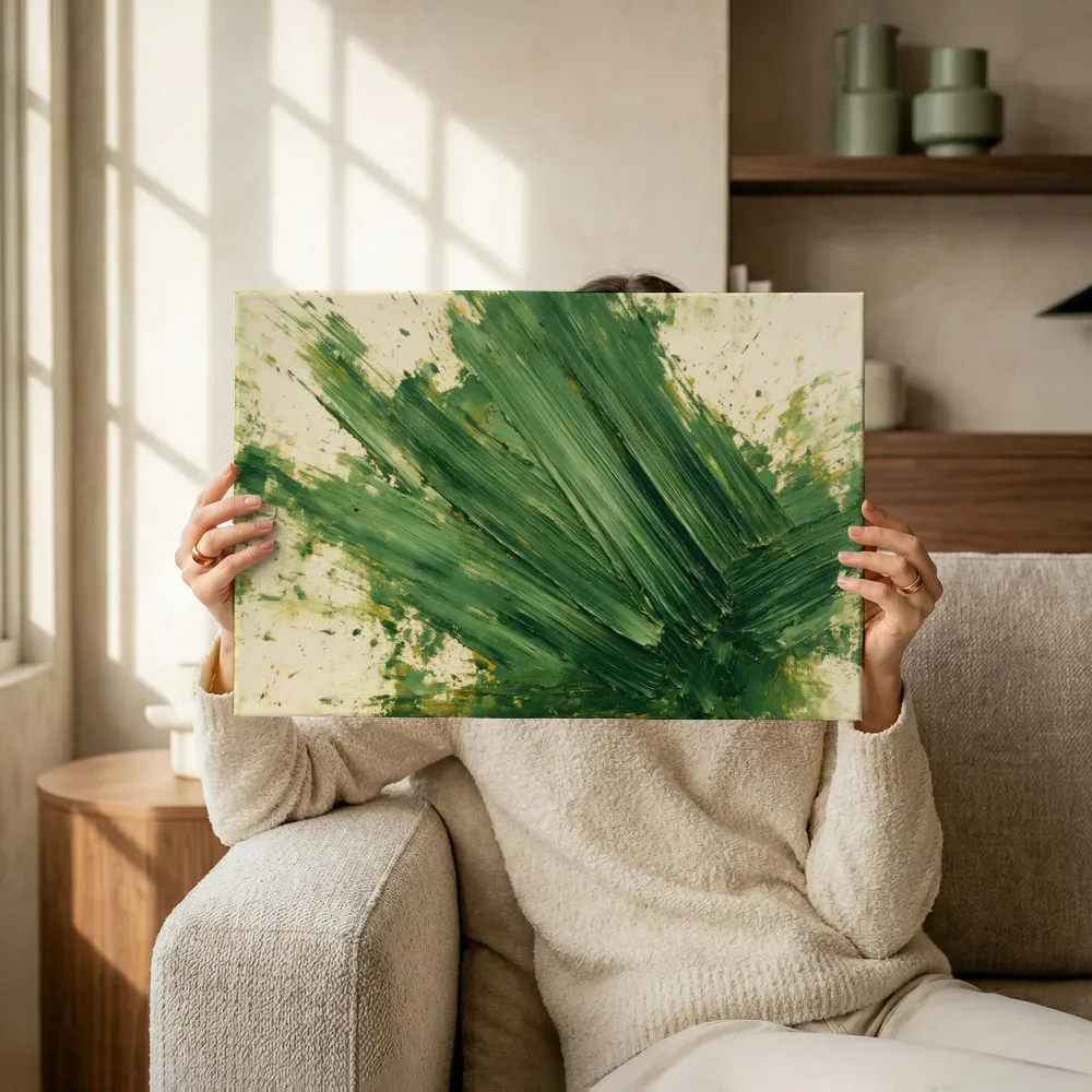 Sfeerimpressie: Breed als kleurexplosie in groen met mosgroen terwijl het omhoog wordt gehouden