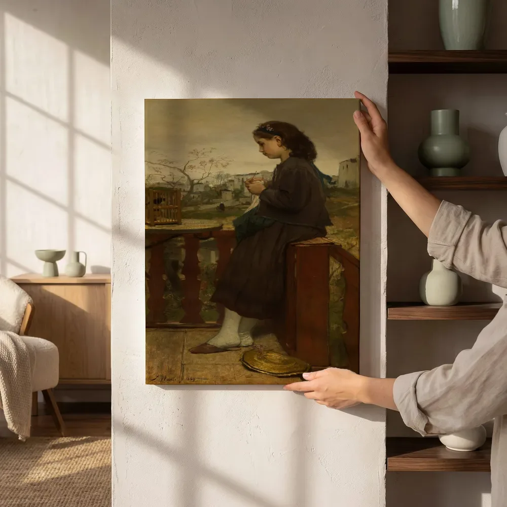 Sfeerimpressie: Breistertje op balkon, Montmartre van Jacob Maris naast de kast