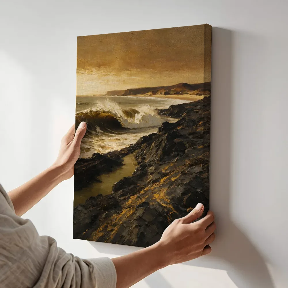 Sfeerimpressie: Brekende golf op vulkanische grond terwijl het aan de muur wordt gehangen