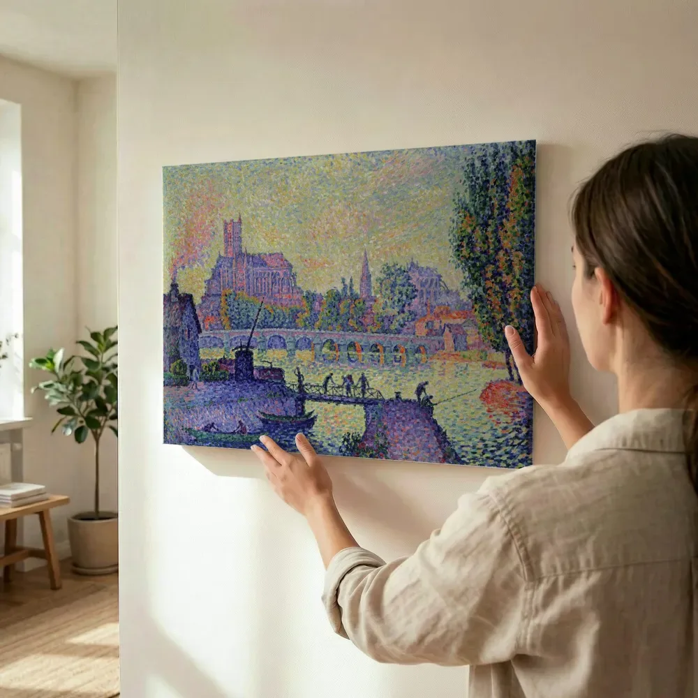 Sfeerimpressie: Brug bij Auxerre van Paul Signac terwijl het wordt opgehangen