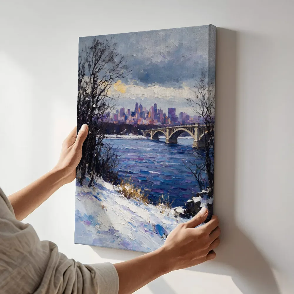 Sfeerimpressie: Brug over de rivier in de sneeuw terwijl het aan de muur wordt gehangen