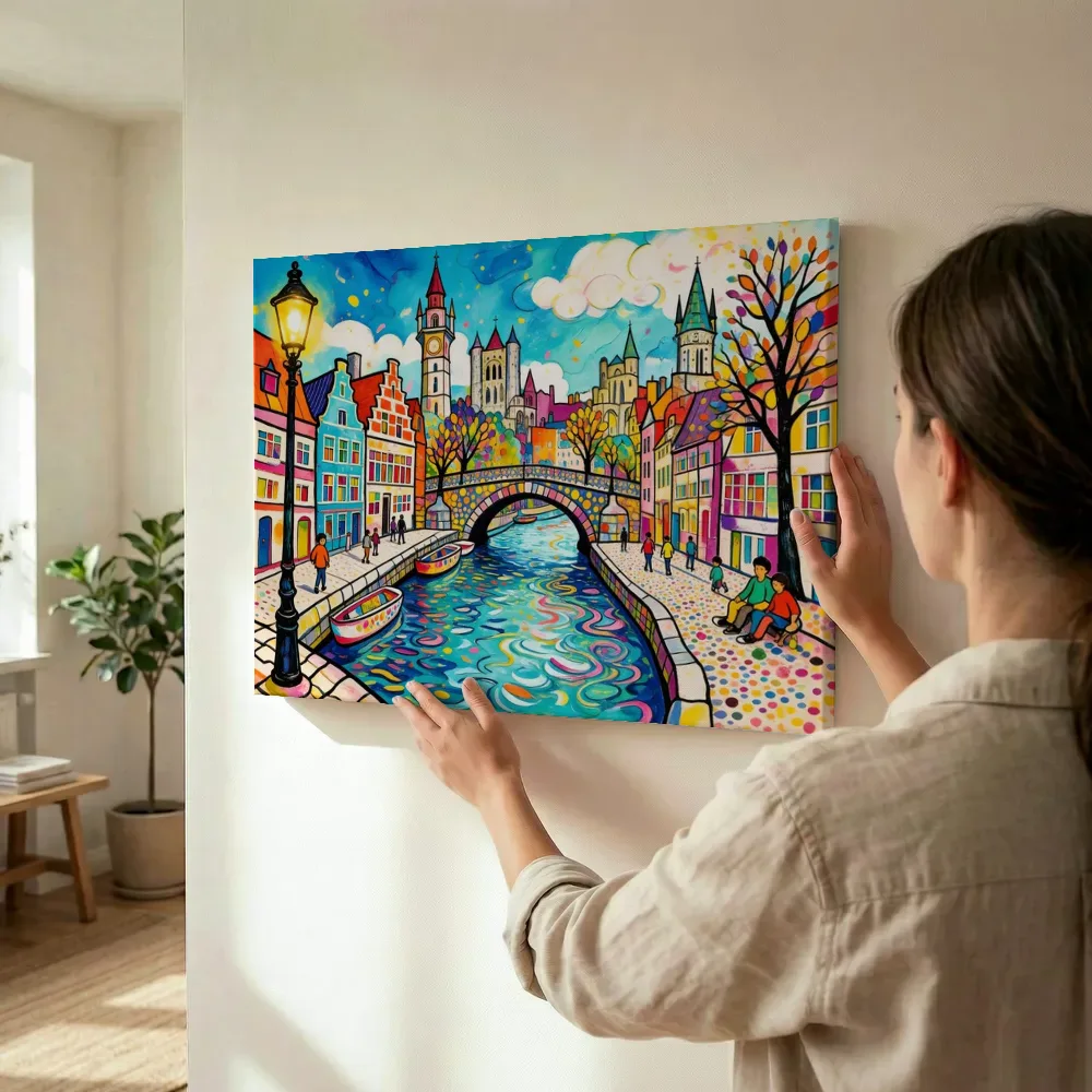 Sfeerimpressie: Brugge, Rozenhoedkaai in bonte kleuren terwijl het wordt opgehangen