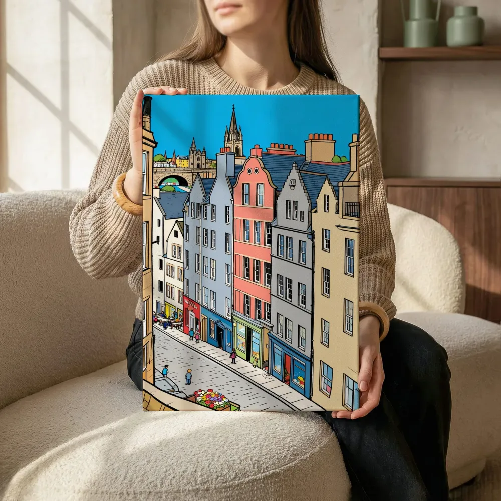 Sfeerimpressie: Brugge, Rozenhoedkaai in cartoonstijl terwijl het zittend wordt getoond