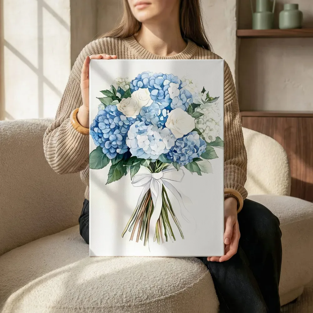 Sfeerimpressie: Bruidsboeket met hortensia en rozen terwijl het zittend wordt getoond