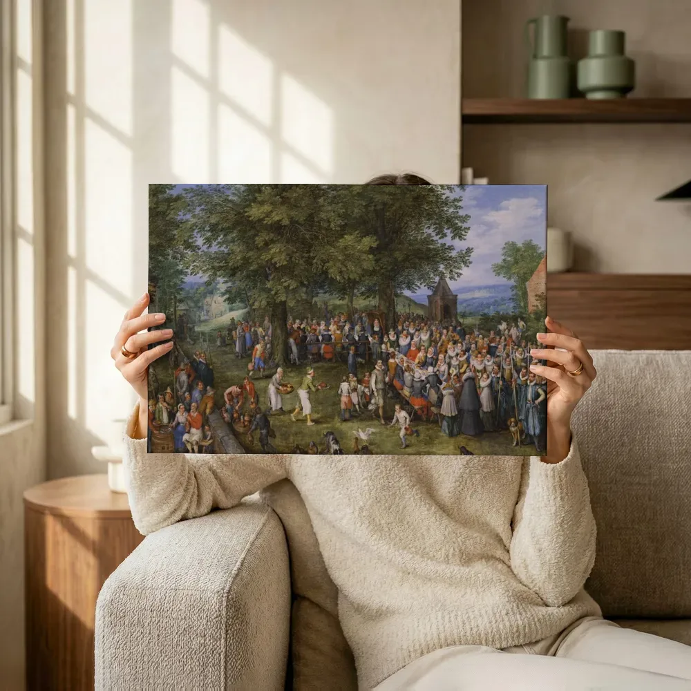 Sfeerimpressie: Bruiloftsbanket met de aartshertogen Albrecht en Isabella van Jan Brueghel de Oude terwijl het omhoog wordt gehouden