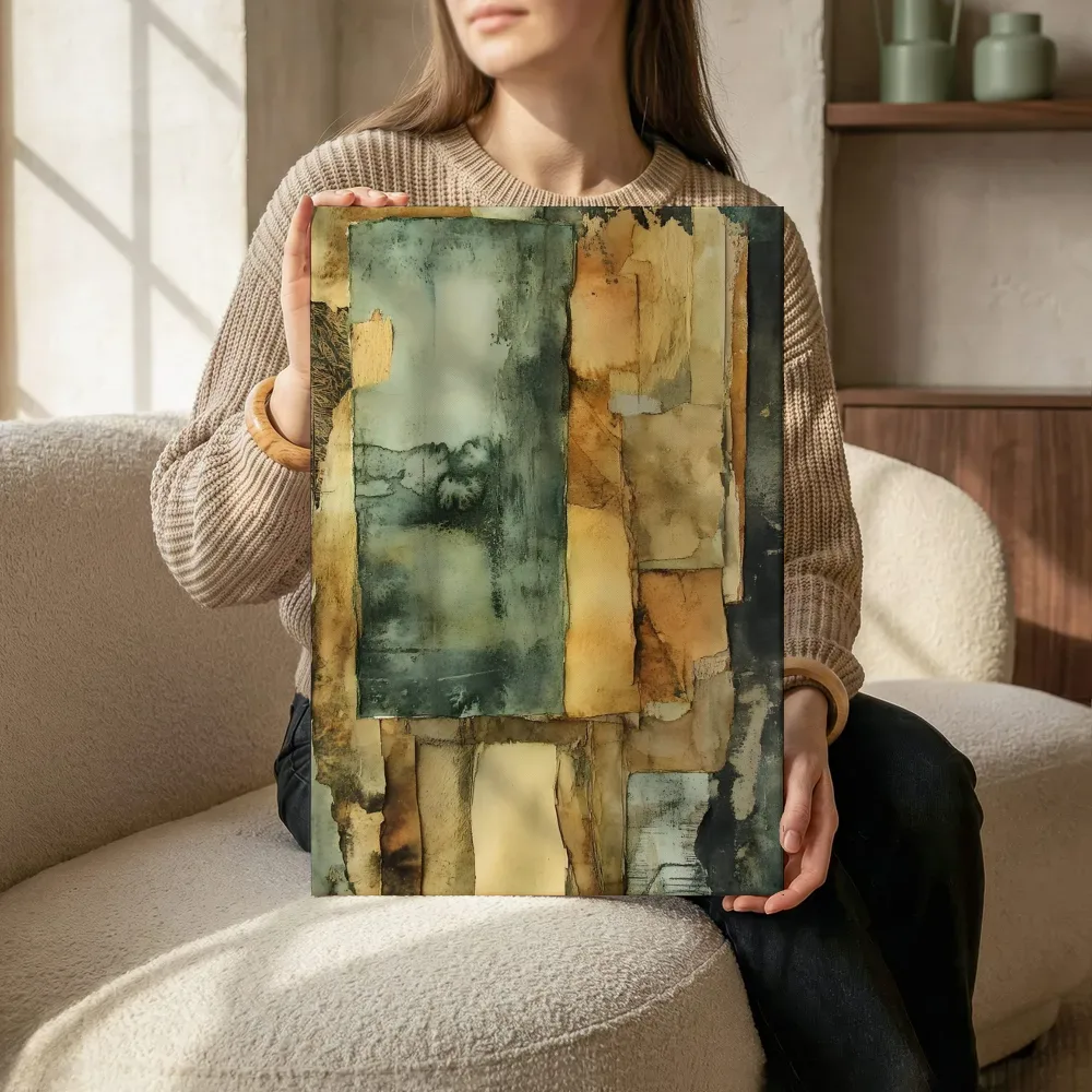 Sfeerimpressie: Bruin grijs abstracte collage terwijl het zittend wordt getoond