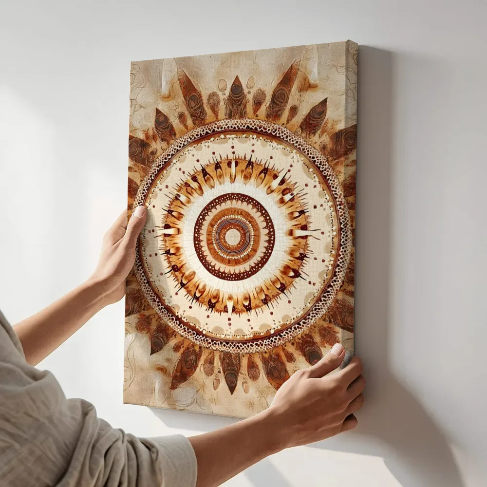 Sfeerimpressie: Bruinbeige mandala zonneburst terwijl het aan de muur wordt gehangen