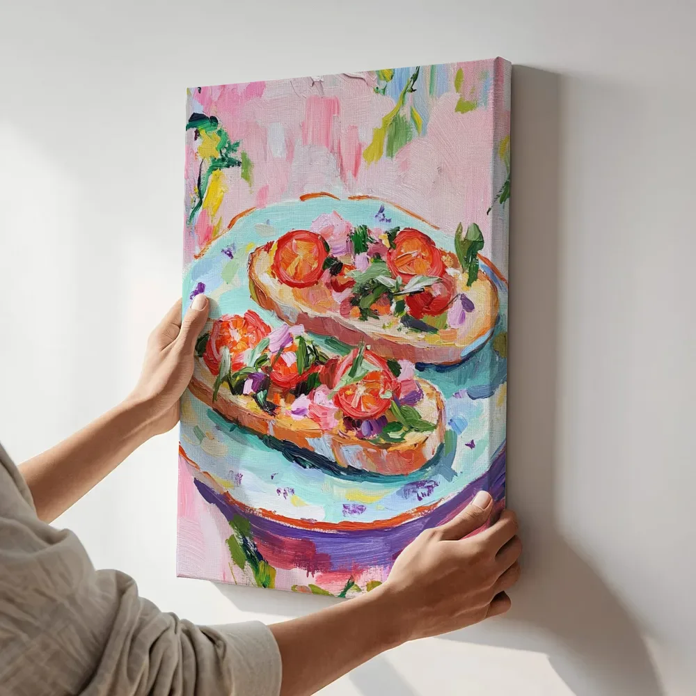 Sfeerimpressie: Bruschetta met eetbare bloemen terwijl het aan de muur wordt gehangen