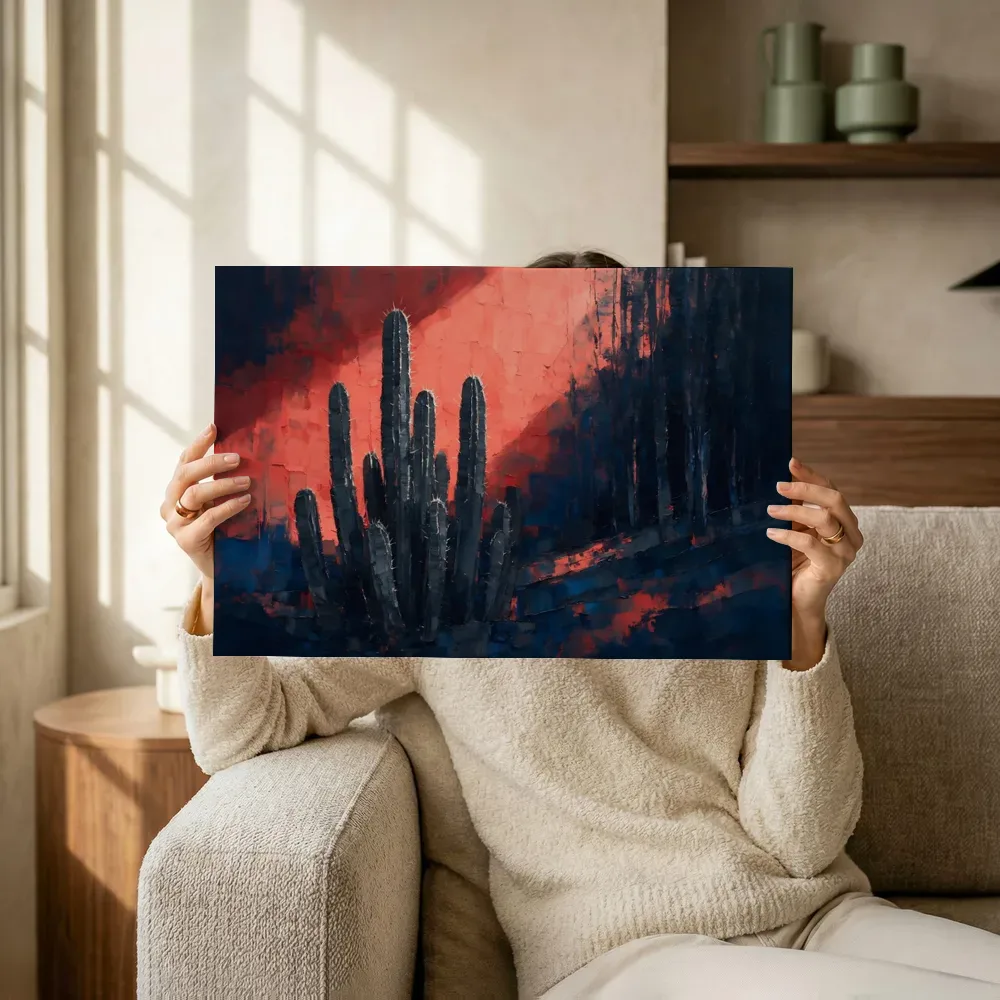 Sfeerimpressie: Cactus aan de bosrand in antracietkoraal terwijl het omhoog wordt gehouden