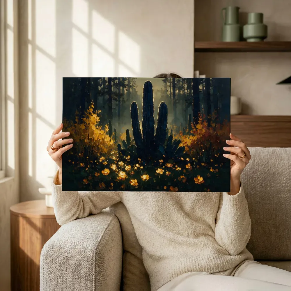 Sfeerimpressie: Cactus aan de bosrand in inktblauw terwijl het omhoog wordt gehouden