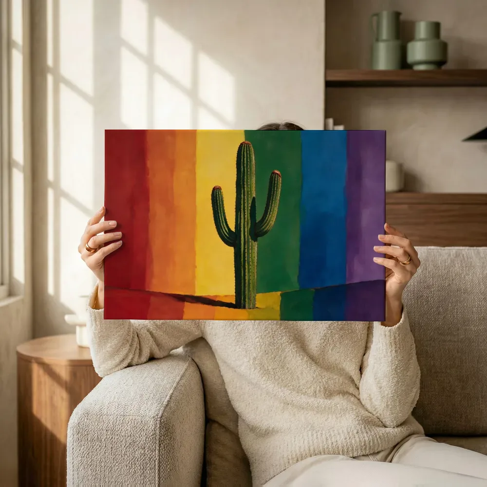 Sfeerimpressie: Cactus in alle kleuren van de regenboog terwijl het omhoog wordt gehouden
