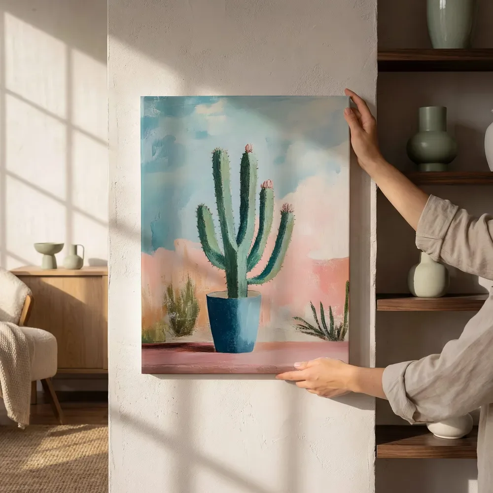 Sfeerimpressie: Cactus in blauwe pot desertscene naast de kast
