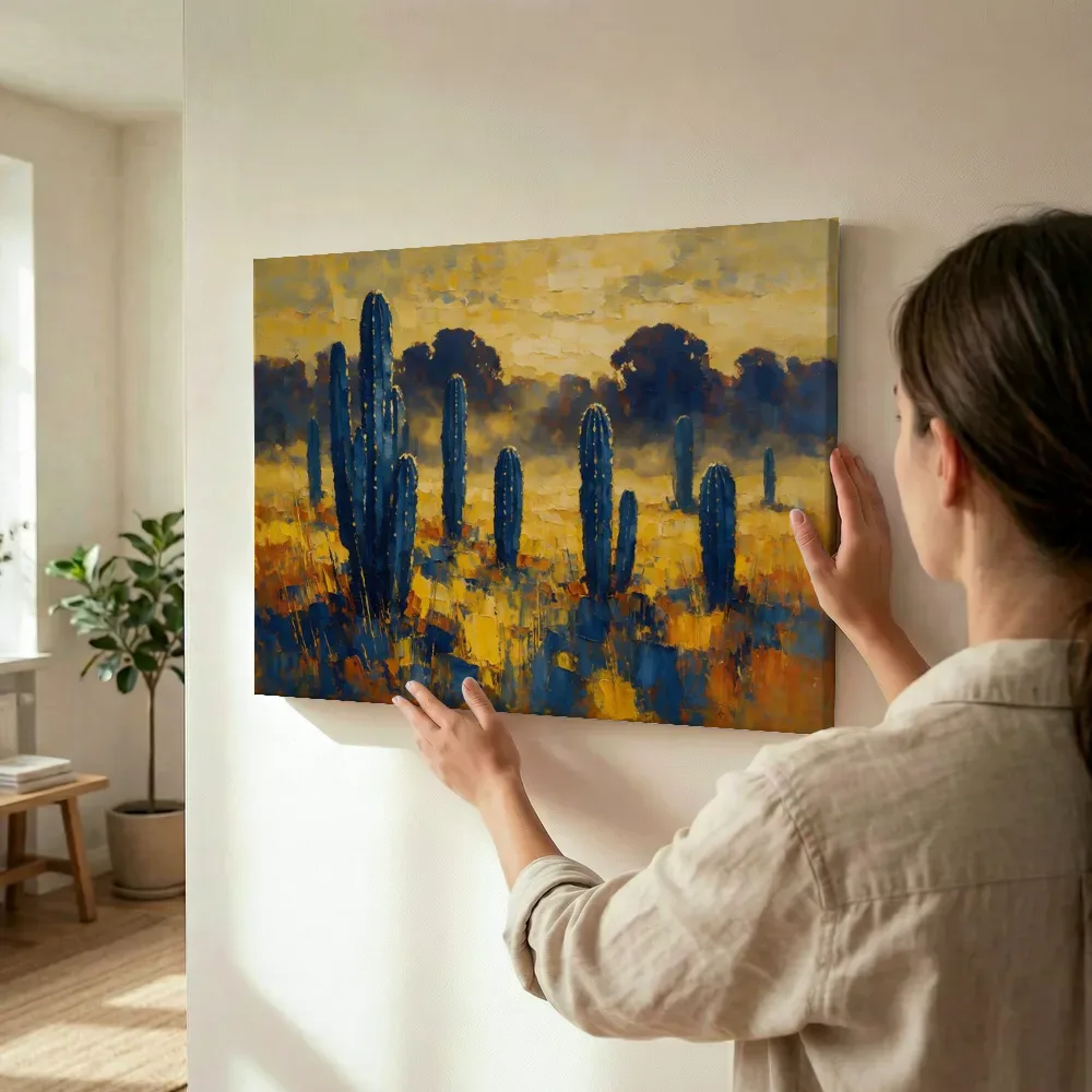 Sfeerimpressie: Cactus in de weide in blauwgeel terwijl het wordt opgehangen