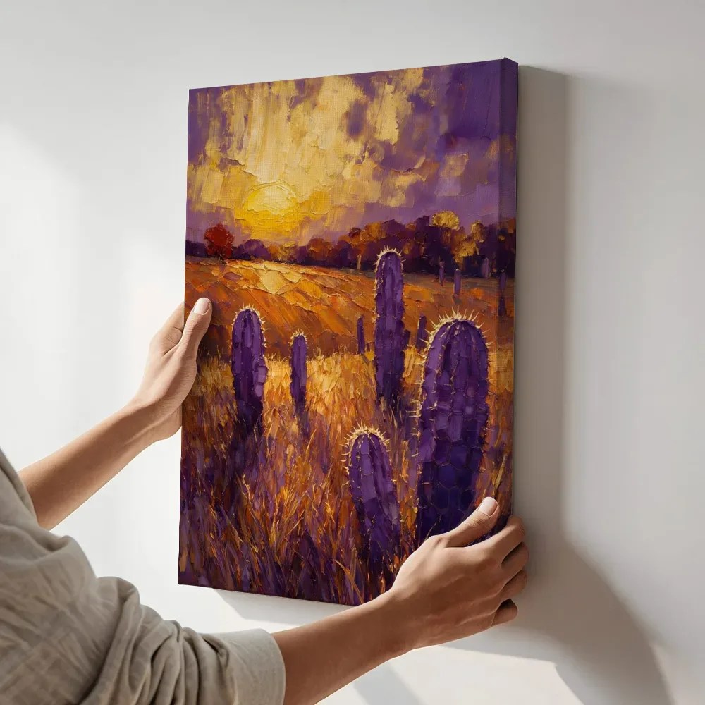 Sfeerimpressie: Cactus in de weide in paarsoranje terwijl het aan de muur wordt gehangen