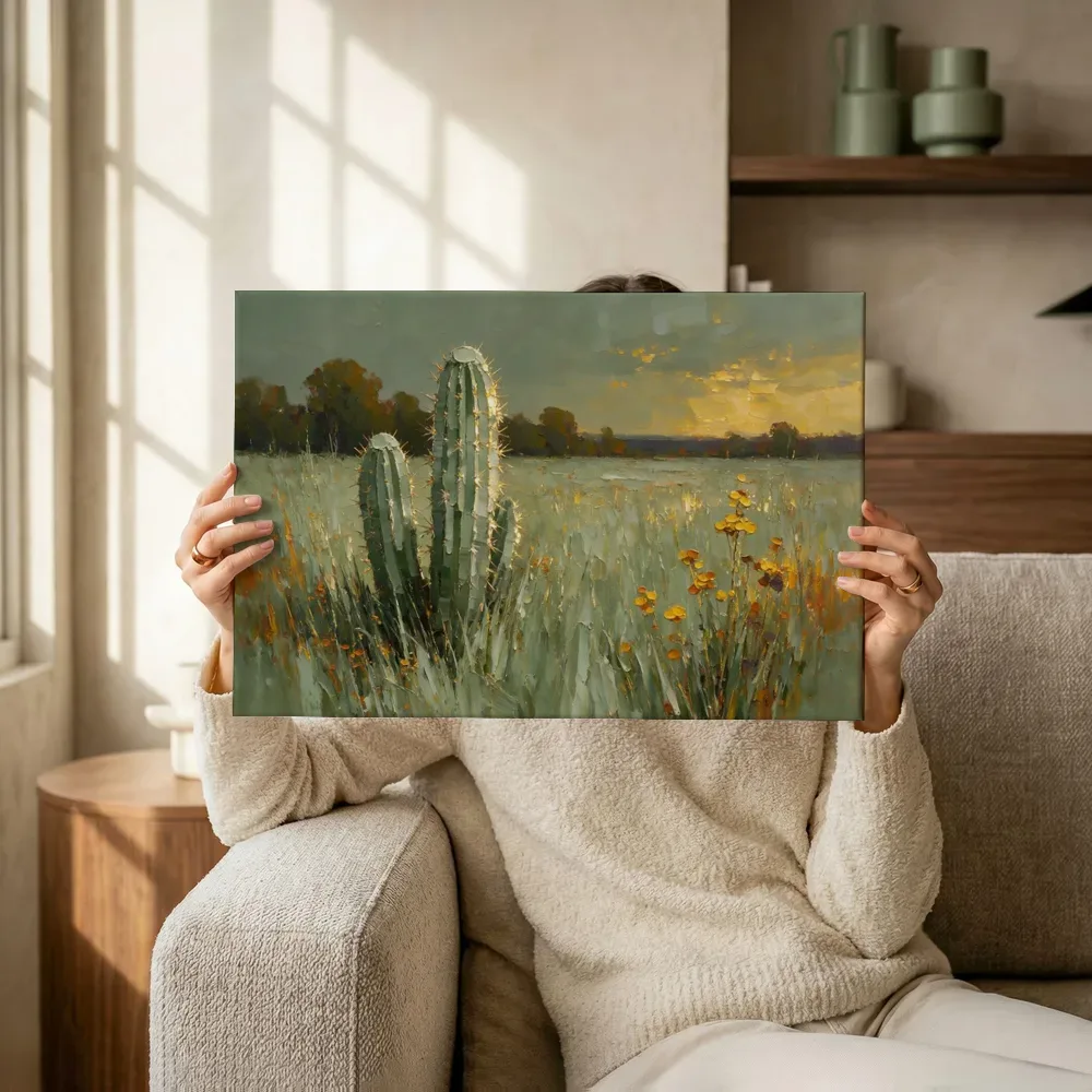 Sfeerimpressie: Cactus in de weide in saliegrijs terwijl het omhoog wordt gehouden