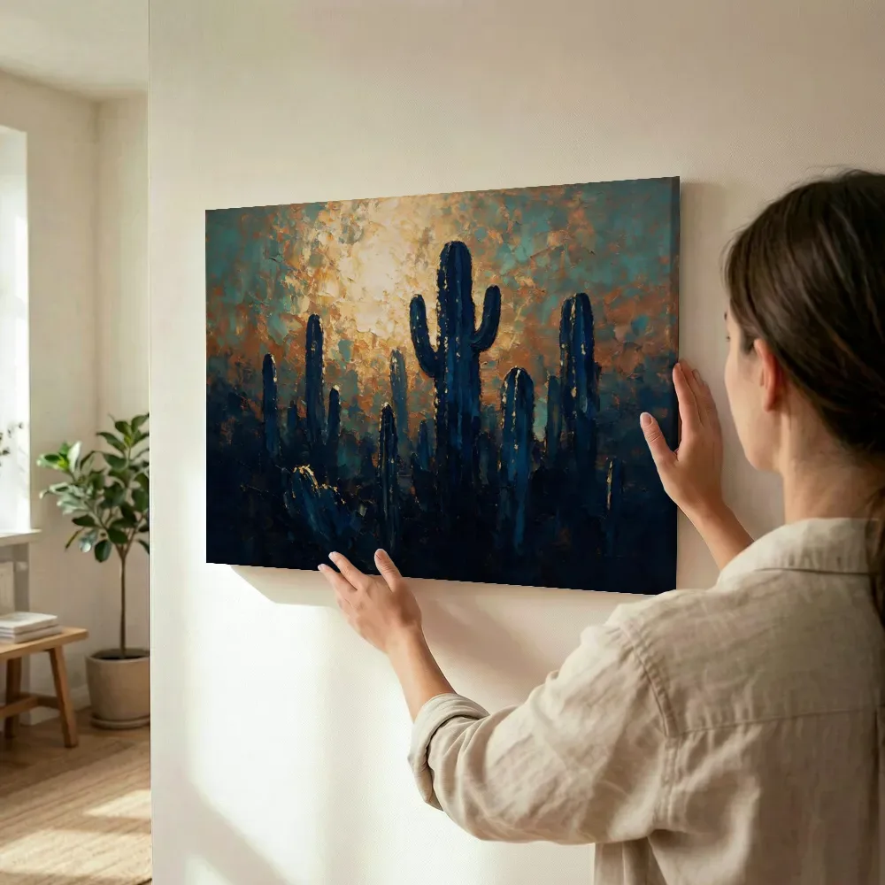 Sfeerimpressie: Cactus in groepjes in inktblauw terwijl het wordt opgehangen