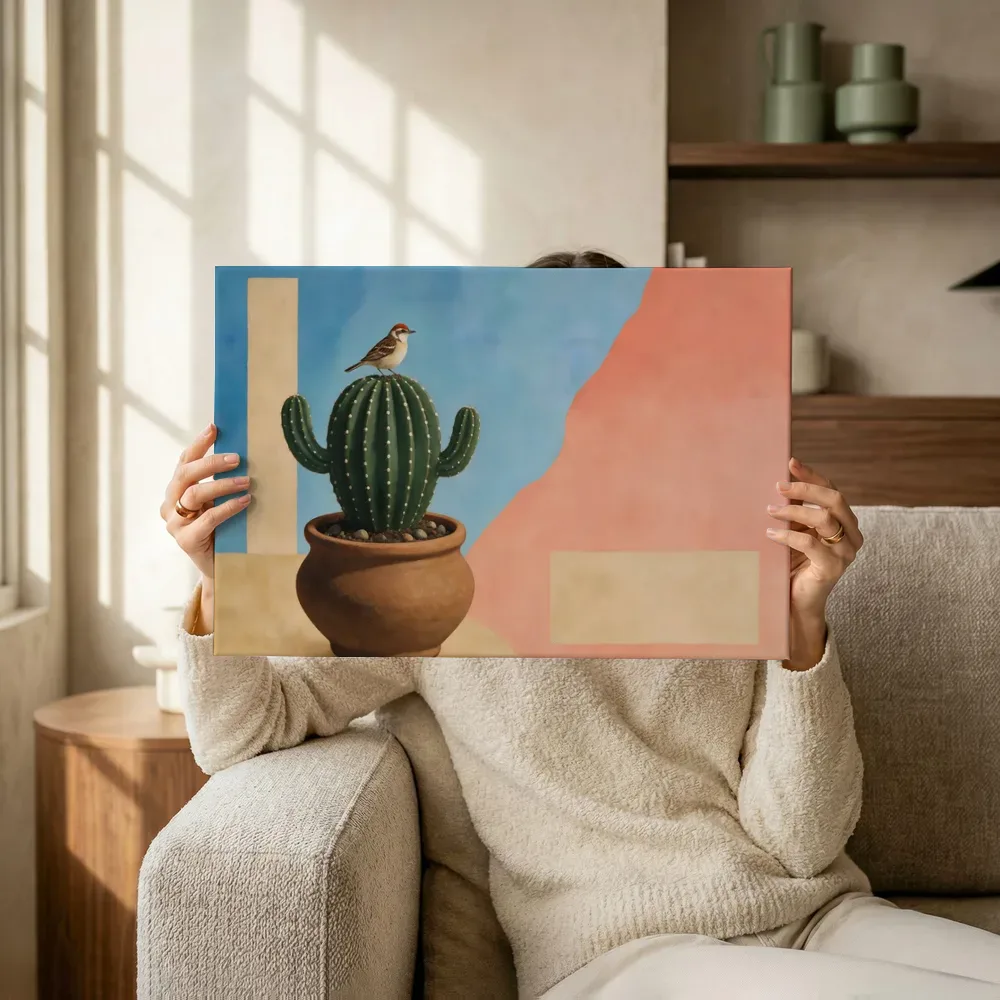 Sfeerimpressie: Cactus in hemelsblauw en zalm terwijl het omhoog wordt gehouden