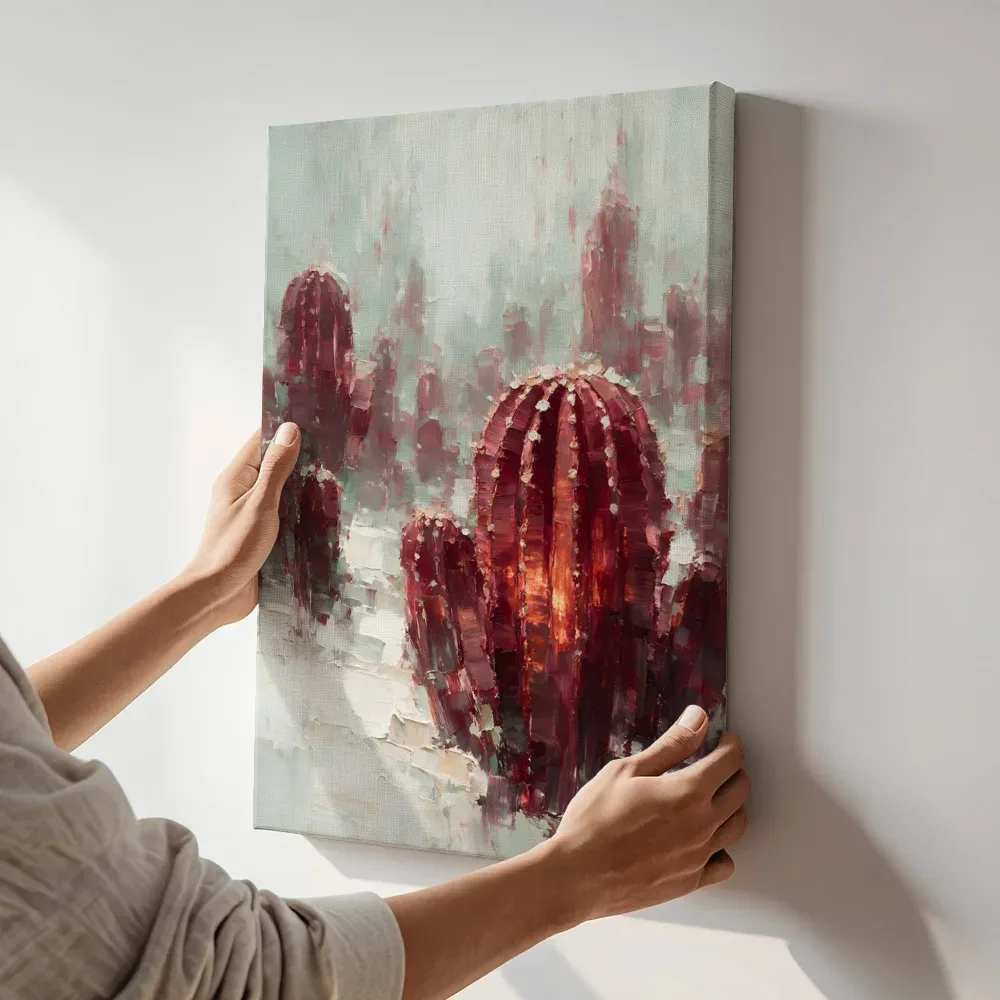 Sfeerimpressie: Cactus in het landschap in wijnmint terwijl het aan de muur wordt gehangen