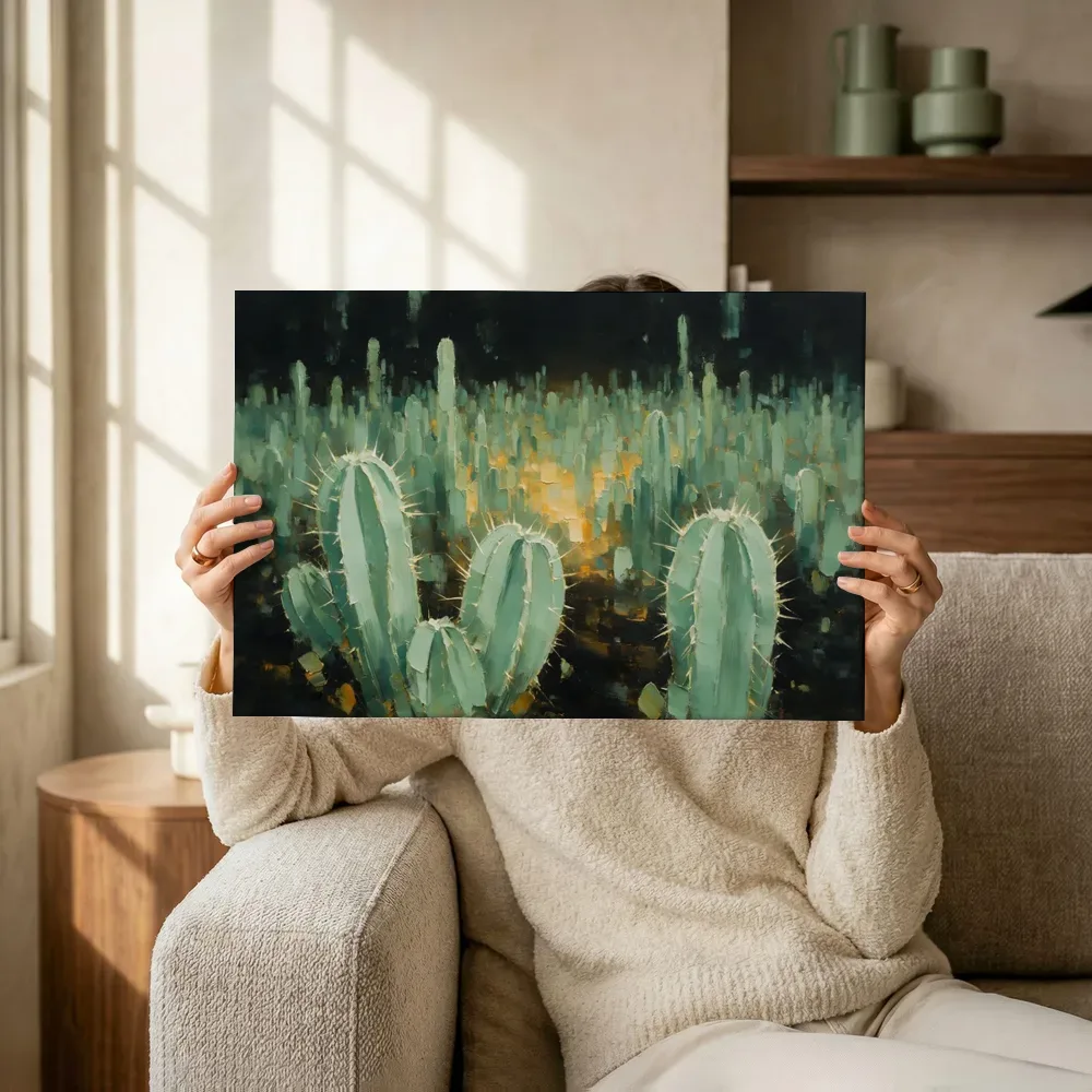 Sfeerimpressie: Cactus in het landschap in zeegroen terwijl het omhoog wordt gehouden