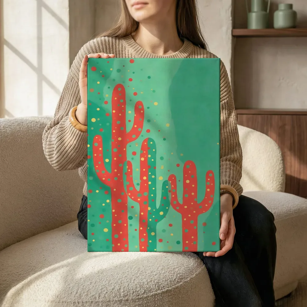 Sfeerimpressie: Cactus in koraalrood en zeegroen terwijl het zittend wordt getoond