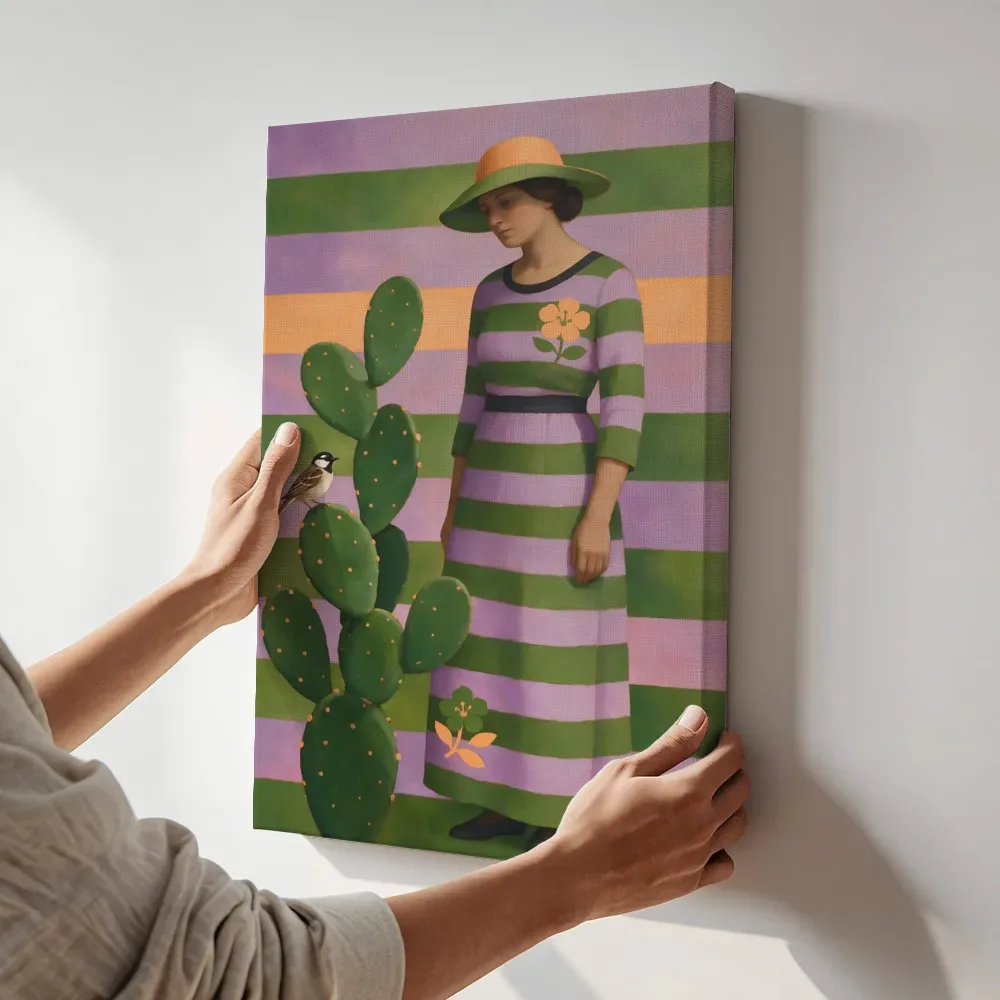 Sfeerimpressie: Cactus in lila en mosgroen terwijl het aan de muur wordt gehangen