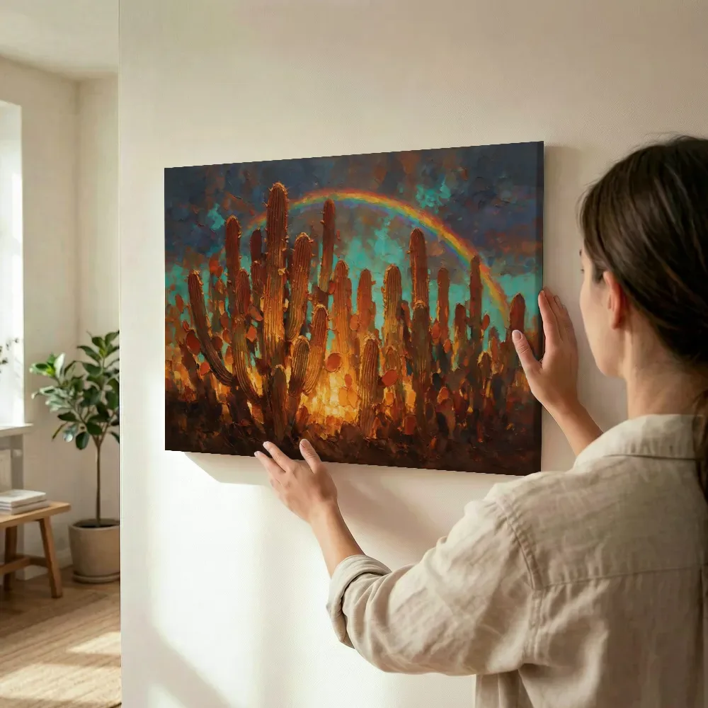 Sfeerimpressie: Cactus in roestturkoois terwijl het wordt opgehangen