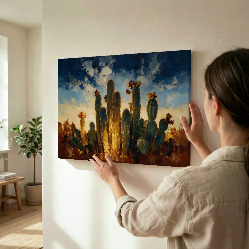 Sfeerimpressie: Cactus onder de hemel in goudoker terwijl het wordt opgehangen