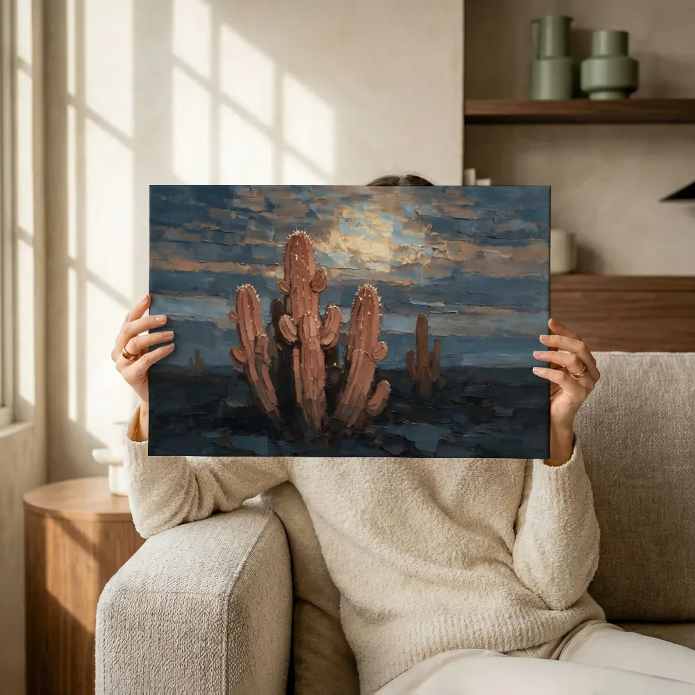 Sfeerimpressie: Cactus onder de hemel in terracotta terwijl het omhoog wordt gehouden
