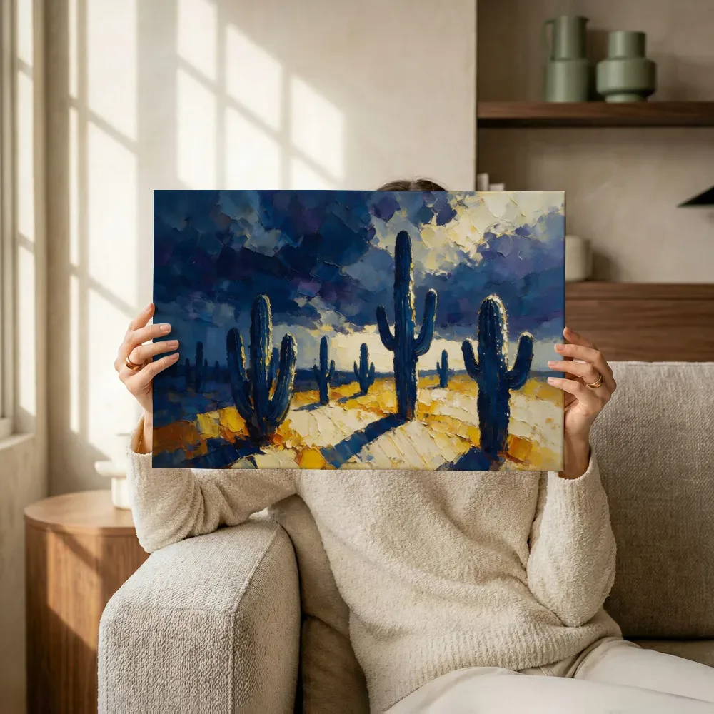 Sfeerimpressie: Cactus onder een storm in blauwgeel terwijl het omhoog wordt gehouden