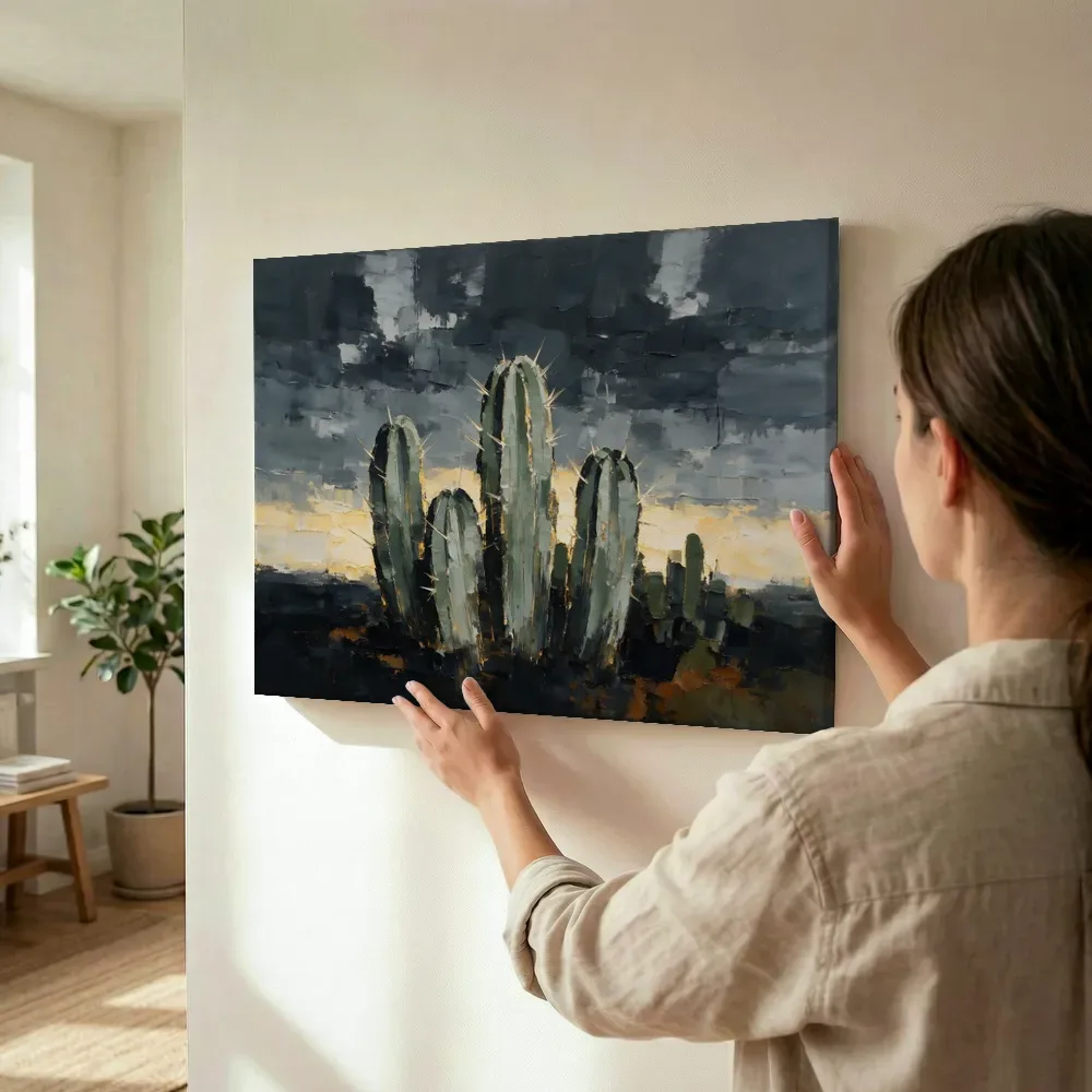 Sfeerimpressie: Cactus onder een storm in saliegrijs terwijl het wordt opgehangen