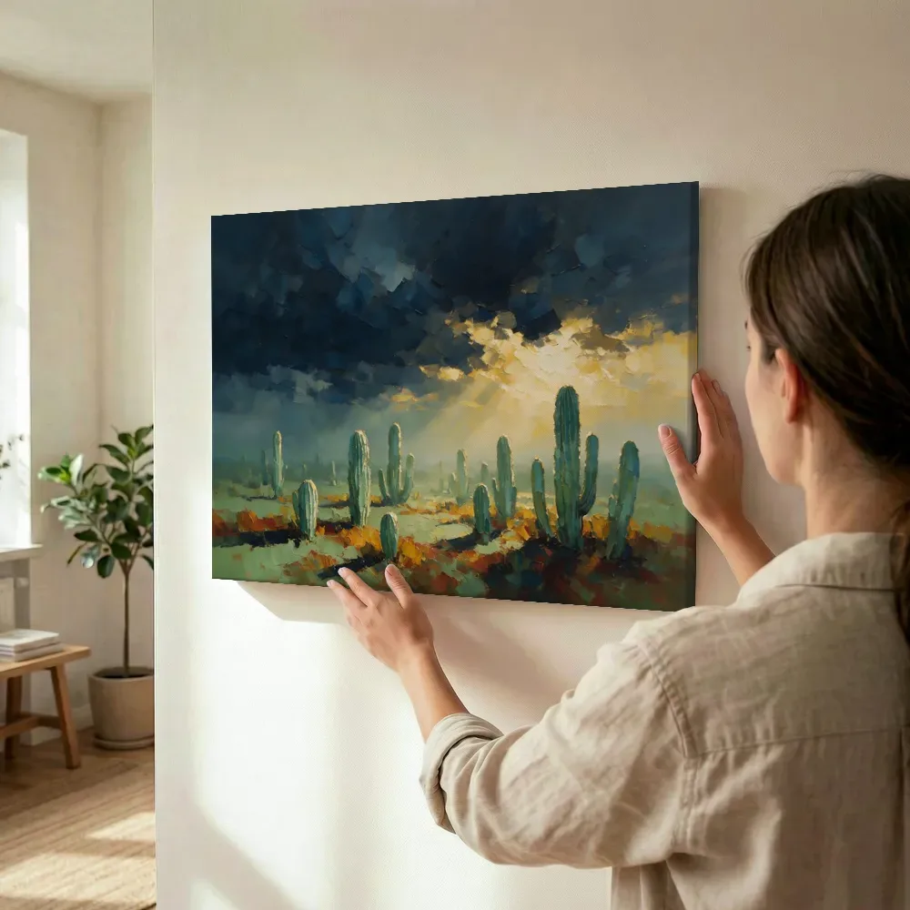 Sfeerimpressie: Cactus onder een storm in zeegroen terwijl het wordt opgehangen