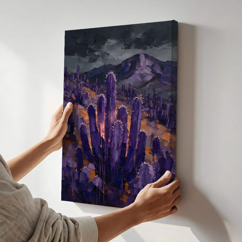 Sfeerimpressie: Cactus op de helling in paarsoranje terwijl het aan de muur wordt gehangen