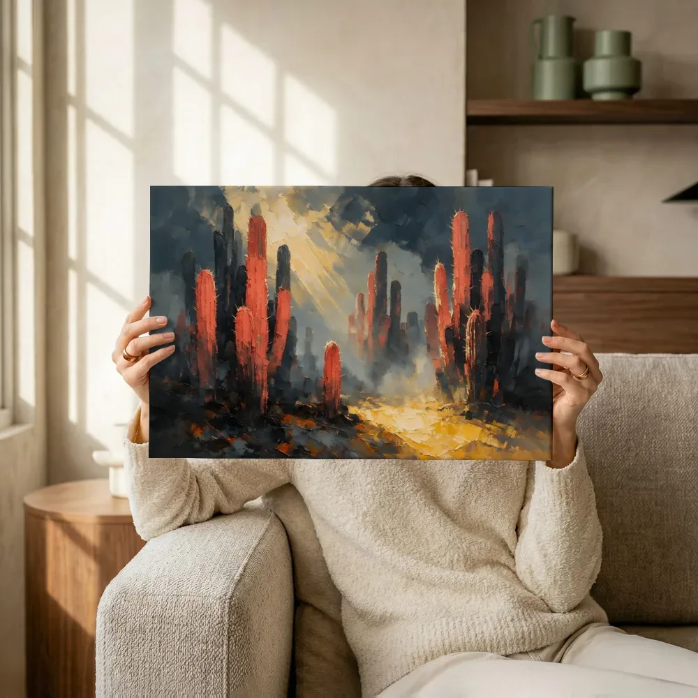 Sfeerimpressie: Cactus tegen de lucht in antracietkoraal terwijl het omhoog wordt gehouden