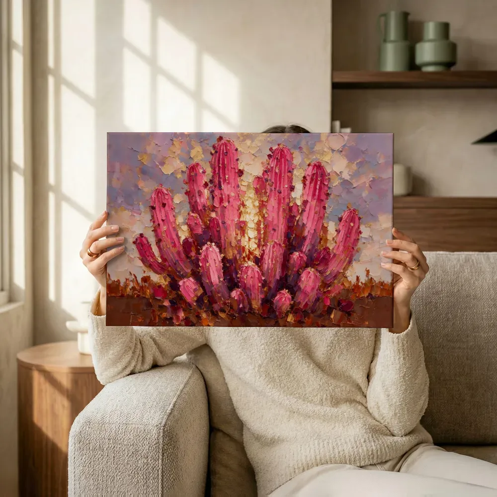 Sfeerimpressie: Cactus tegen de lucht in fuchsia terwijl het omhoog wordt gehouden