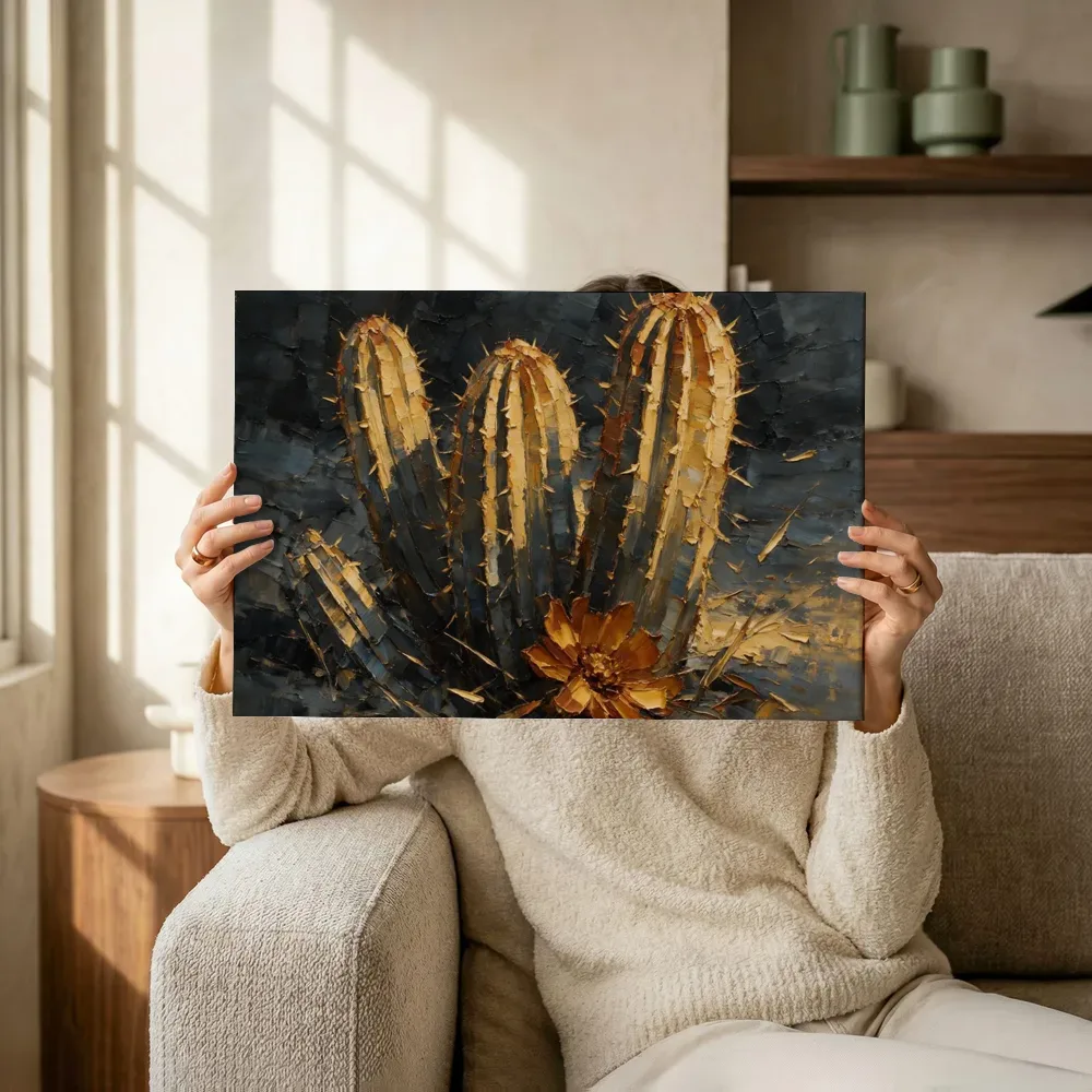 Sfeerimpressie: Cactus van dichtbij in goudoker terwijl het omhoog wordt gehouden