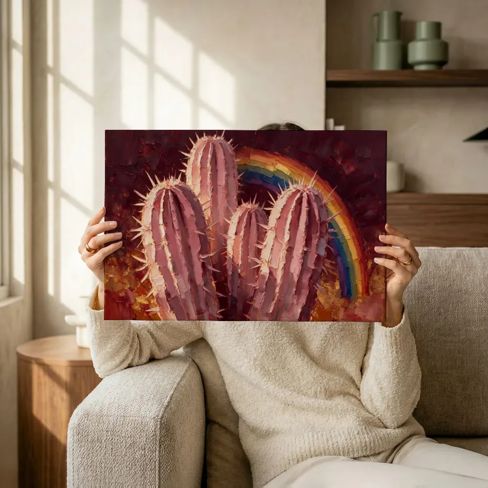 Sfeerimpressie: Cactus van dichtbij in oudroze terwijl het omhoog wordt gehouden