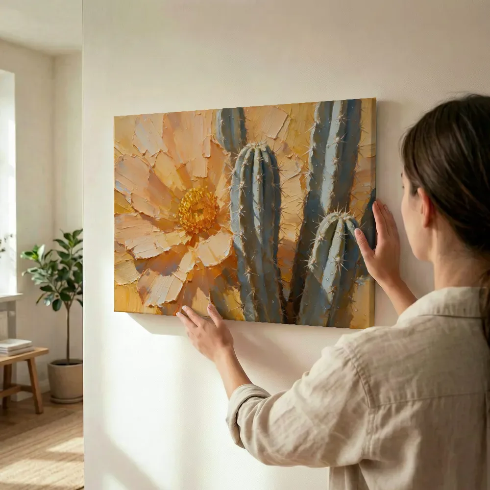 Sfeerimpressie: Cactus van dichtbij in perzik terwijl het wordt opgehangen