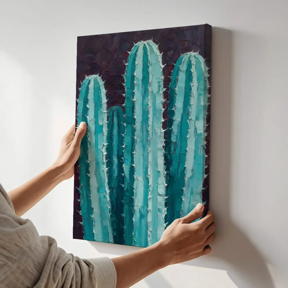 Sfeerimpressie: Cactus van dichtbij in turkoois terwijl het aan de muur wordt gehangen