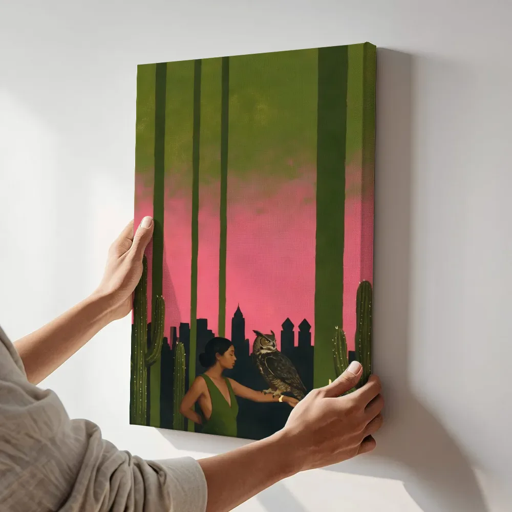 Sfeerimpressie: Cactuslandschap met vrouw en uil in olijf en roze terwijl het zittend wordt getoond