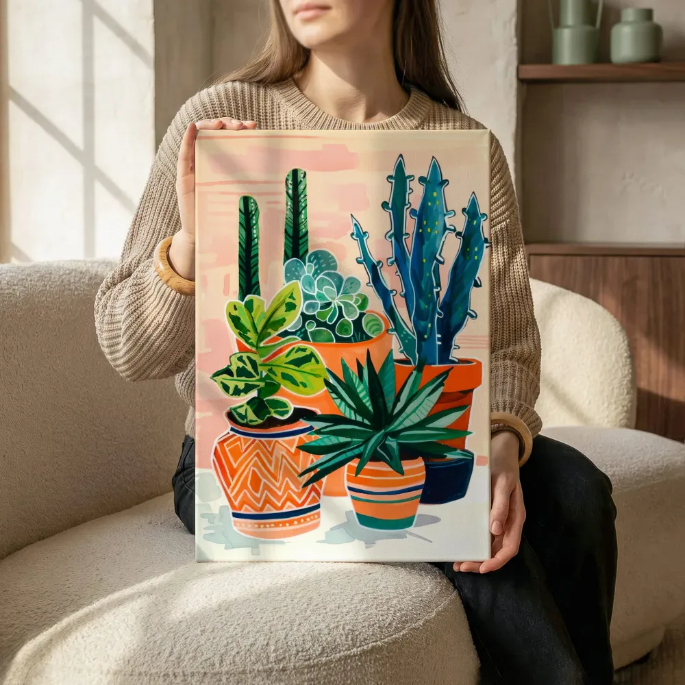 Sfeerimpressie: Cactussen en vetplanten in terracotta terwijl het zittend wordt getoond