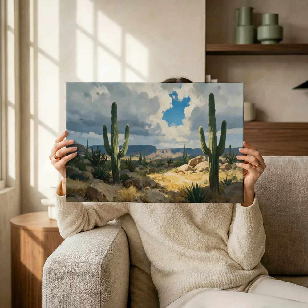 Sfeerimpressie: Cactussen op steengrond in gebroken licht terwijl het omhoog wordt gehouden