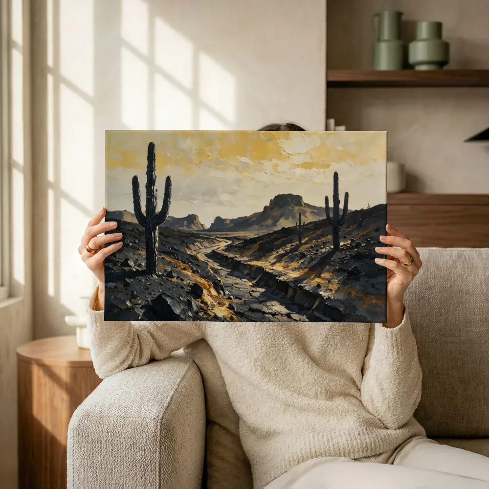 Sfeerimpressie: Cactussen op steengrond op vulkanische grond terwijl het omhoog wordt gehouden