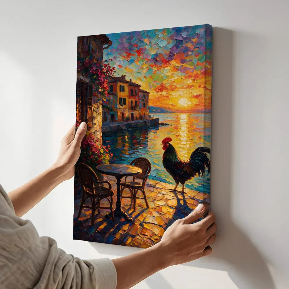 Sfeerimpressie: Cafétafel in gedempt tegenlicht aan het water terwijl het aan de muur wordt gehangen