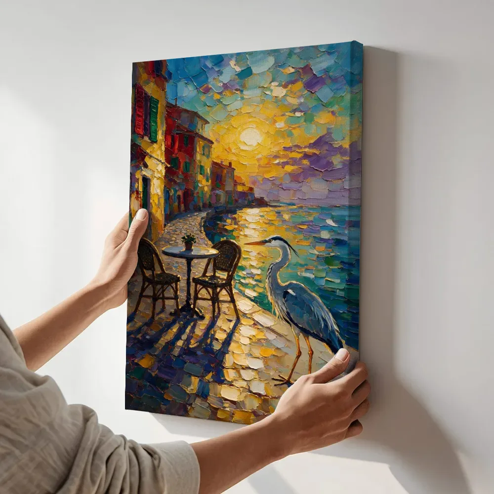 Sfeerimpressie: Cafétafel in zacht tegenlicht aan het water terwijl het aan de muur wordt gehangen