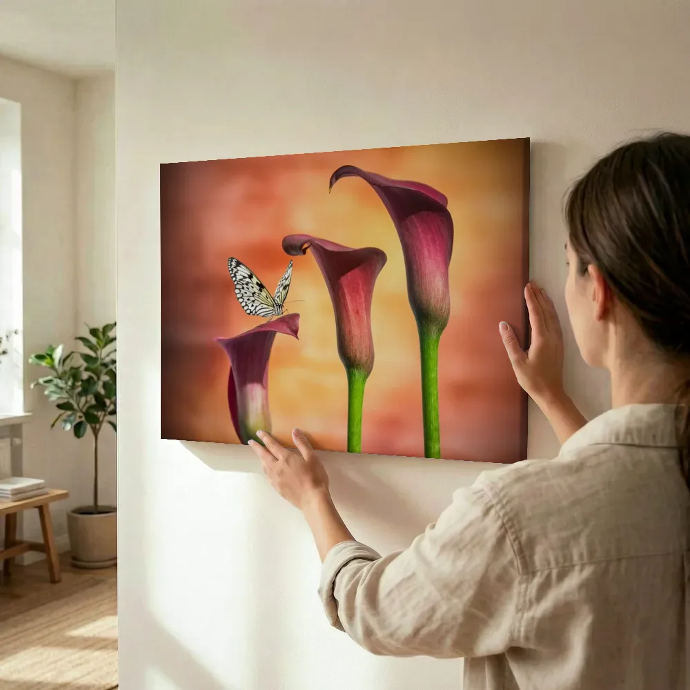 Sfeerimpressie: Calla lelies met fladderende vlinder terwijl het wordt opgehangen