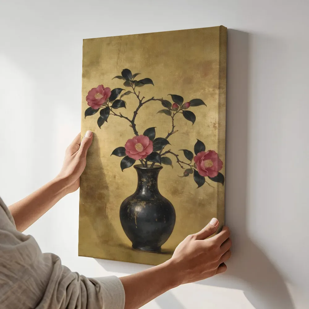 Sfeerimpressie: Camelia in diep goud en brons terwijl het aan de muur wordt gehangen
