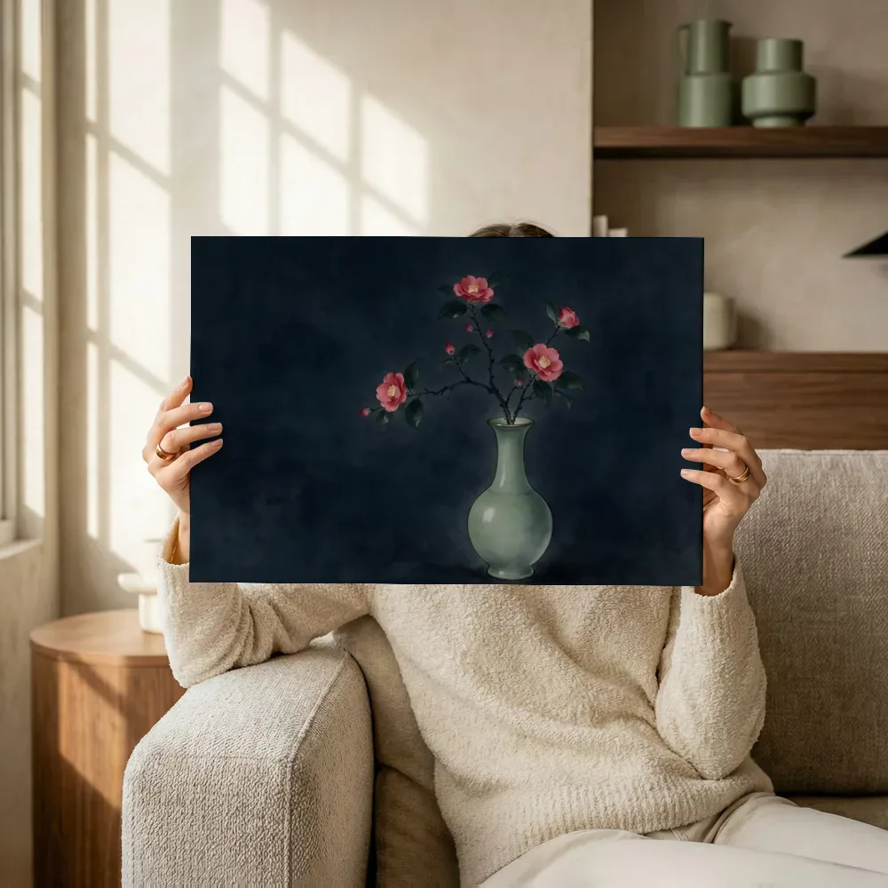 Sfeerimpressie: Camelia in diep inktzwart terwijl het omhoog wordt gehouden