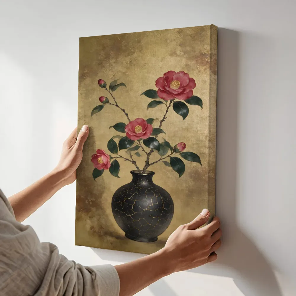 Sfeerimpressie: Camelia in goud en brons terwijl het aan de muur wordt gehangen