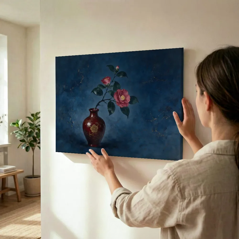 Sfeerimpressie: Camelia in indigo en goud terwijl het wordt opgehangen